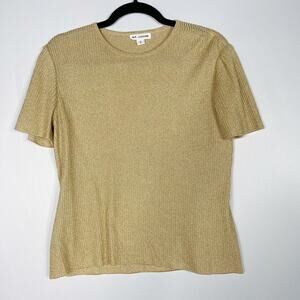 St John Small S Short Sleeve Ribbed Metallic Gold Sweater Crew Neck Womens
